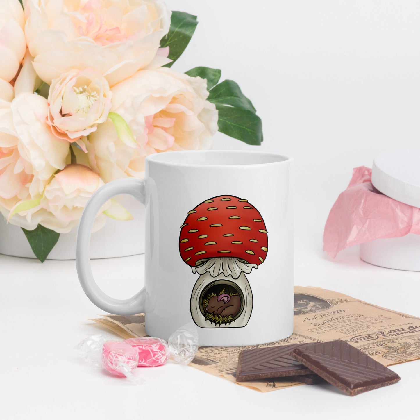 Mouse Asleep in Mushroom White glossy mug - Chronically Crafting