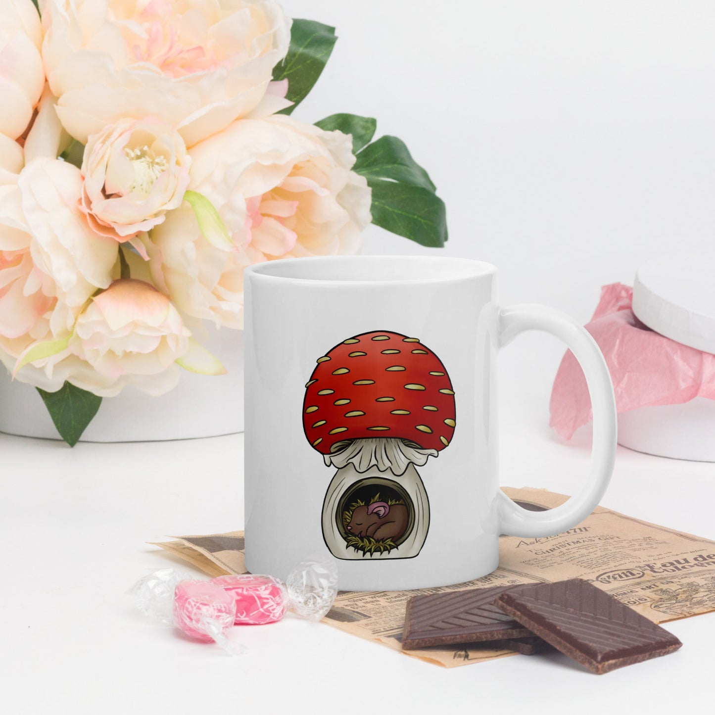 Mouse Asleep in Mushroom White glossy mug - Chronically Crafting