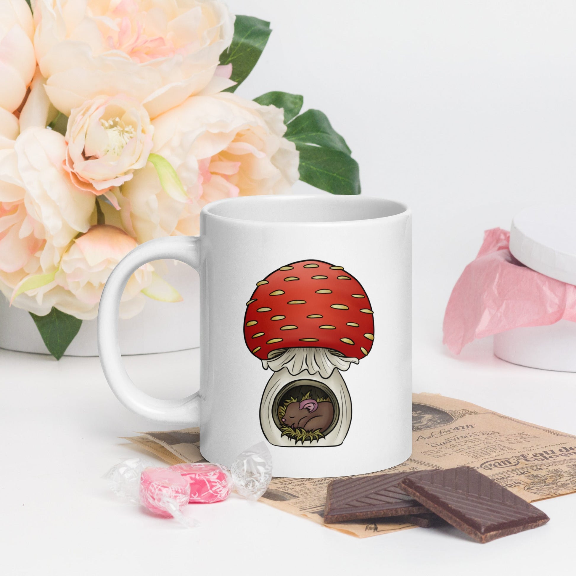 Mouse Asleep in Mushroom White glossy mug - Chronically Crafting