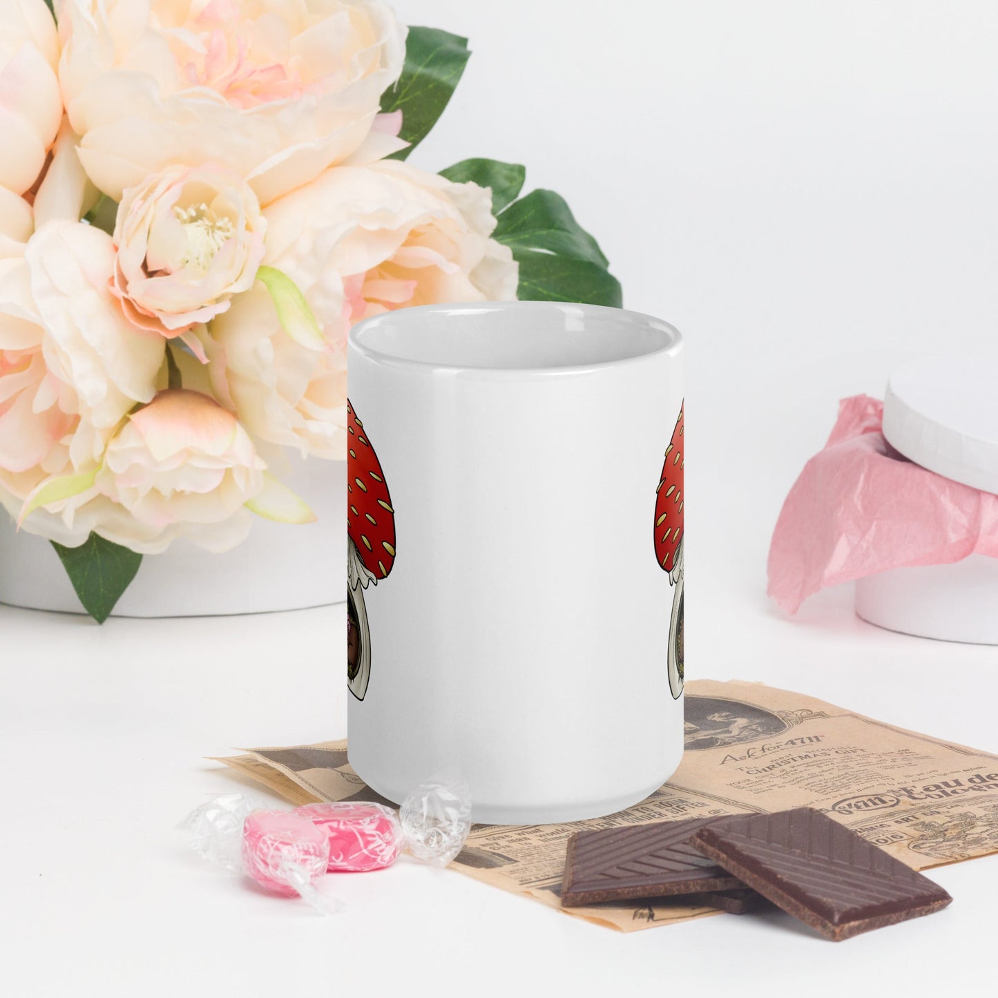 Mouse Asleep in Mushroom White glossy mug - Chronically Crafting