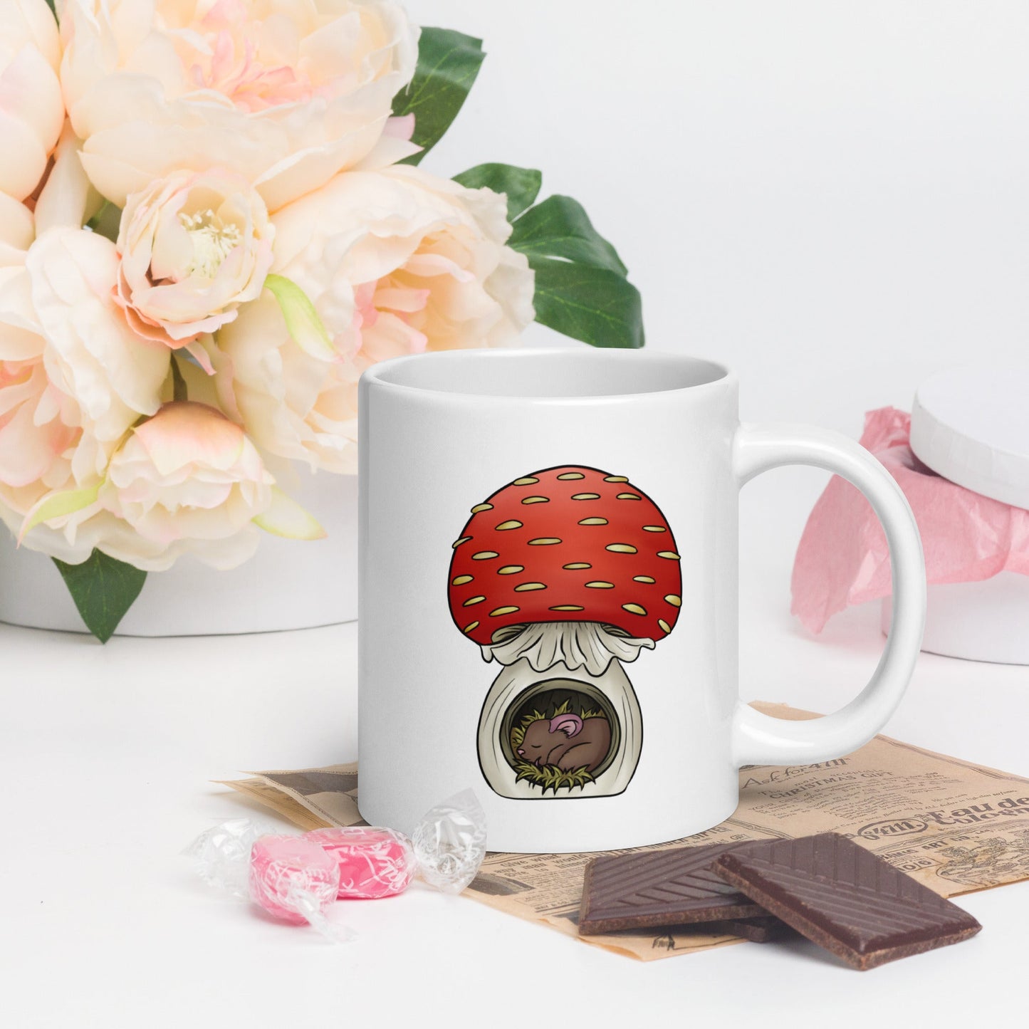 Mouse Asleep in Mushroom White glossy mug - Chronically Crafting