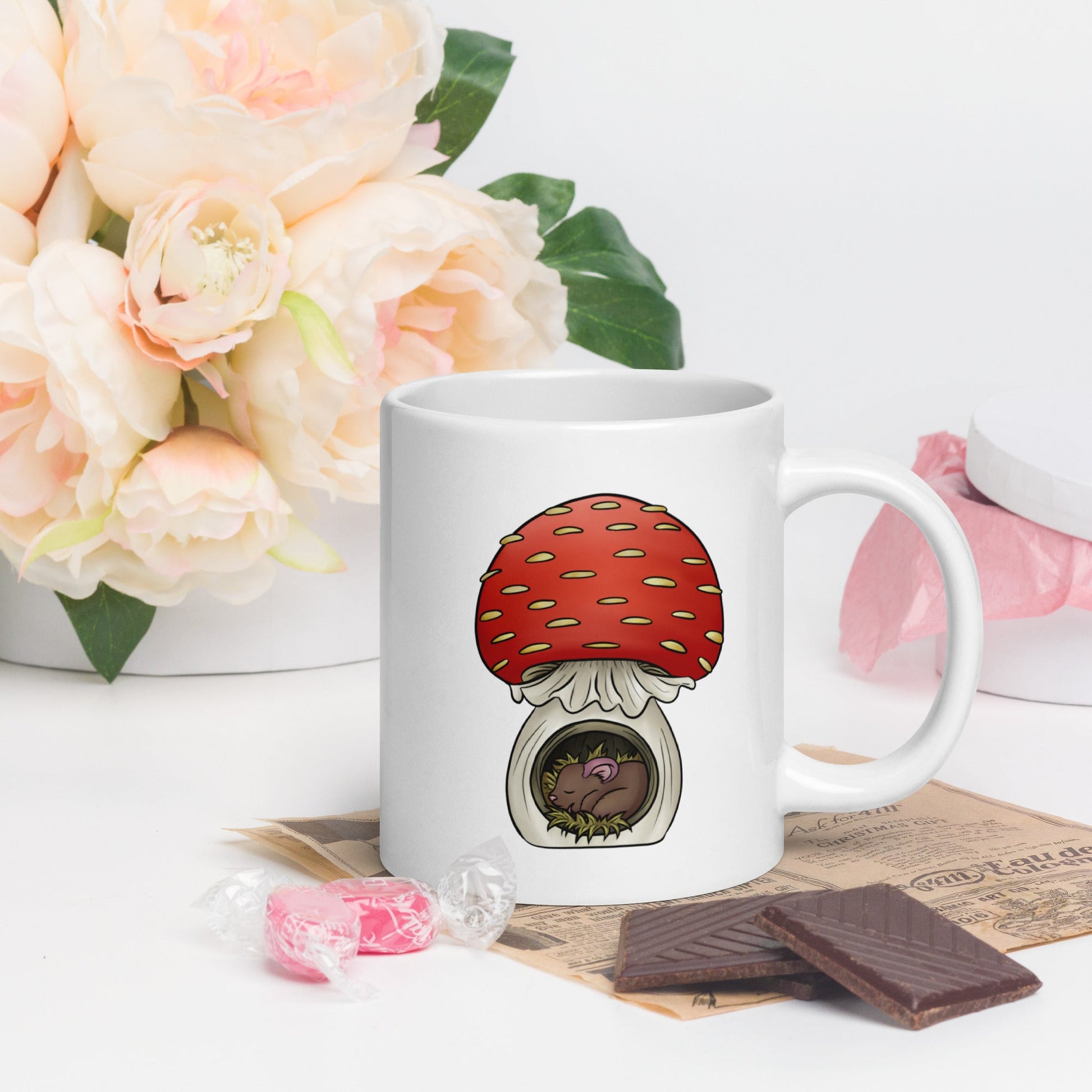 Mouse Asleep in Mushroom White glossy mug - Chronically Crafting