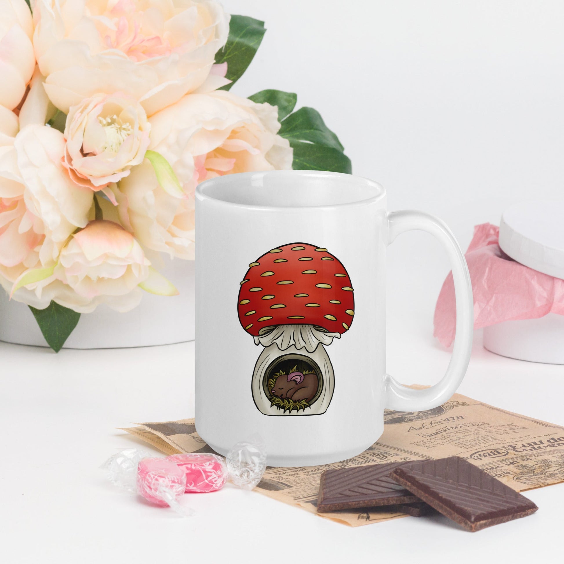 Mouse Asleep in Mushroom White glossy mug - Chronically Crafting