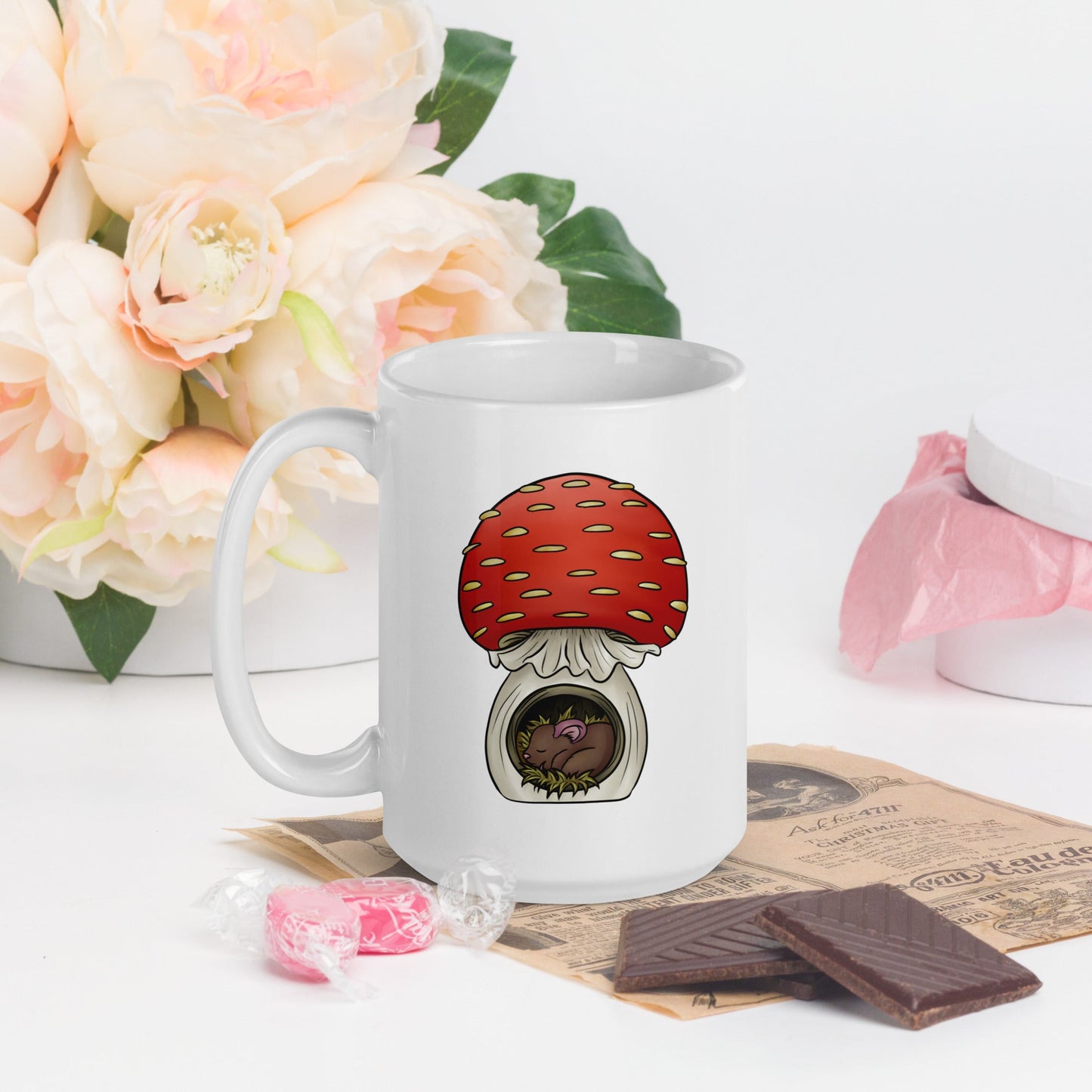 Mouse Asleep in Mushroom White glossy mug - Chronically Crafting